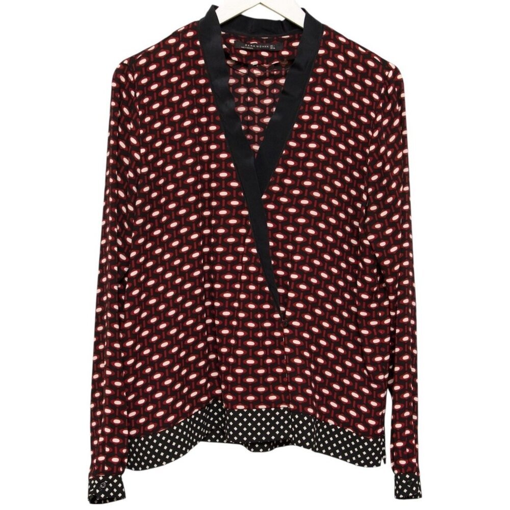 ZARA Blouse Large Black Red Geometric Print Cross Front Womens Top